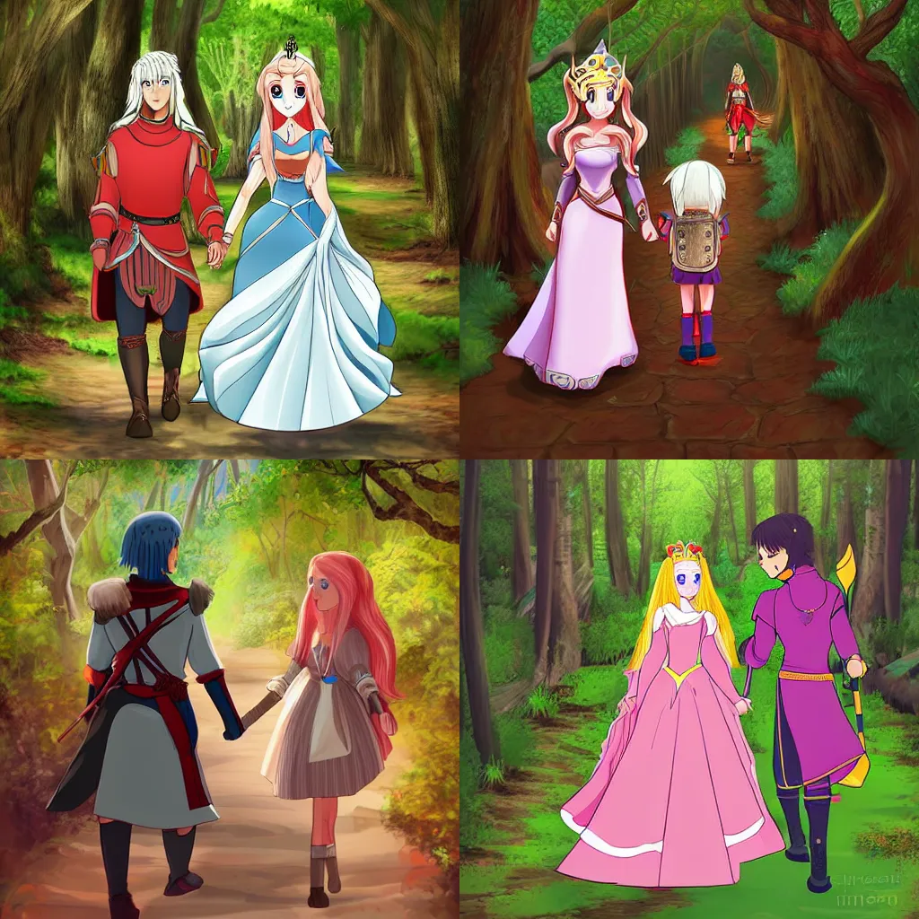 Prompt: A knight and princess walk down a forest path. The princess looks back at the knight with an energetic smile and attitude. Digital art anime.