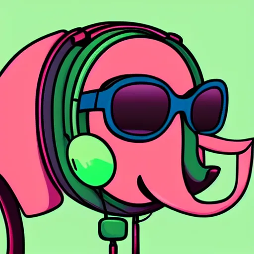 Prompt: a closeup of a elephant with headphones and sunglasses in retro colors, synthwave style, 2 d digital vector art