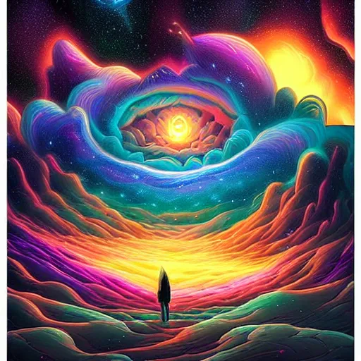 Image similar to Cosmic colorful wormhole, digital matte black paper art by Dan Mumford and by Cyril Rolando, Beautiful epic night fire landscape, art by Dan Mumford, Cyril Rolando, Shawn Coss, Junji Ito, and Jaya Su Berg