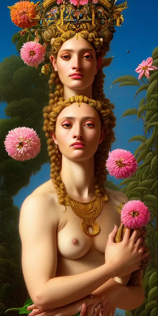 Image similar to portrait of the goddess of tennis, unusual beauty, flowers and plants, emotionally evoking symbolic metaphors, head in focus, fantasy, ornamental, intricate, elegant, sensual, highly detailed digital painting, artstation, concept art, painterly, golden ratio, sharp focus, illustration, art by John William Godward and Boris Vallejo and Zdzisław Beksiński,