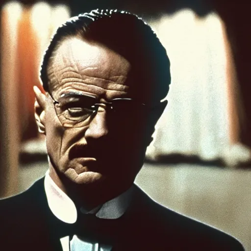 Prompt: Walter White starring as Vito Corleone in the Godfather (1972), Francis Ford Coppola, film, colour, wearing a black suit, earnest gaze, intricate lightning, perfect scene