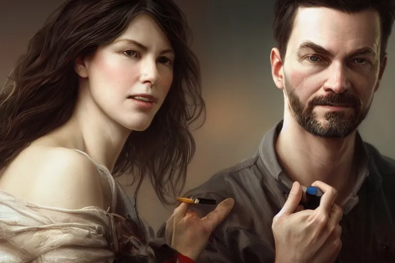 Image similar to portrait painting of scott galloway and kara swisher, ultra realistic, concept art, intricate details, serious, highly detailed, photorealistic, octane render, 8 k, unreal engine. art by artgerm and greg rutkowski and alphonse mucha