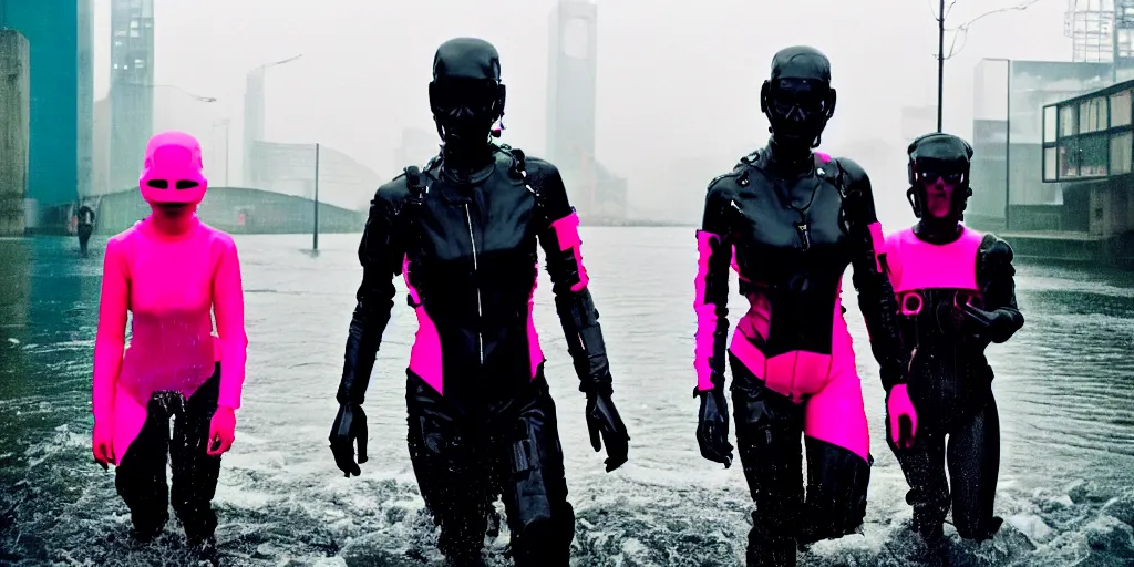 Image similar to cinestill 5 0 d candid photographic portrait by helen levitt of two cyborgs wearing rugged neon pink mesh techwear in treacherous waters, extreme closeup, modern cyberpunk moody depressing cinematic, pouring rain, 8 k, hd, high resolution, 3 5 mm, f / 3 2, ultra realistic faces, ex machina