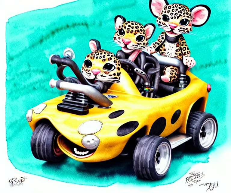 Image similar to cute and funny, baby leopard riding in a tiny go kart with oversized engine, ratfink style by ed roth, centered award winning watercolor pen illustration, isometric illustration by chihiro iwasaki, edited by range murata, tiny details by artgerm and watercolor girl, symmetrically isometrically centered