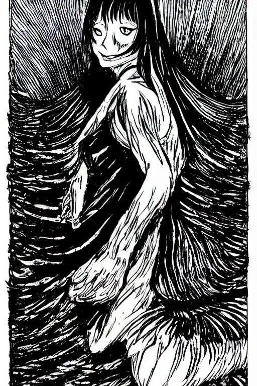 Prompt: angel of death smiling in the dark night, by junji ito with shiver manga art style