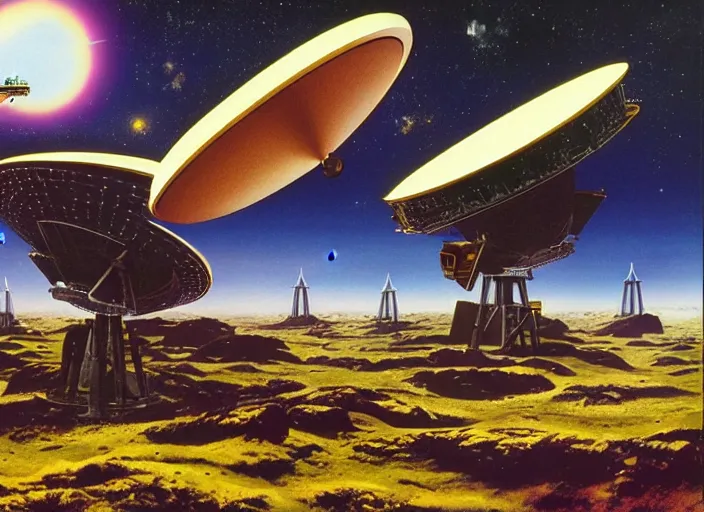 Prompt: radio telescope, matte painting, chris foss