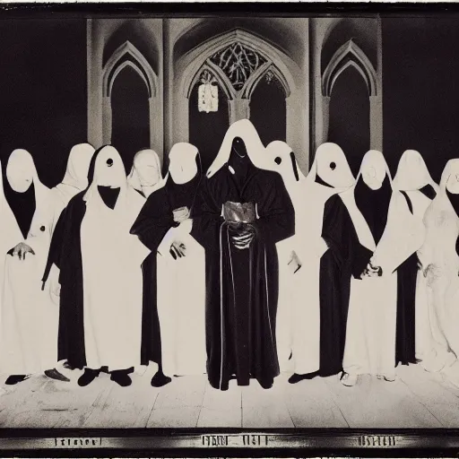 Image similar to a group of robed cultists standing around a metaphysical being, dark, gothic, monochrome, Hannah Barbara, maximalist