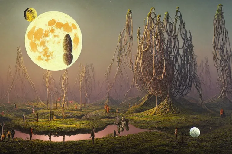 Image similar to a surreal and awe - inspiring science fiction landscape made of food, egg full moon, intricate, elegant, highly detailed matte painting by ernst haeckel and simon stalenhag