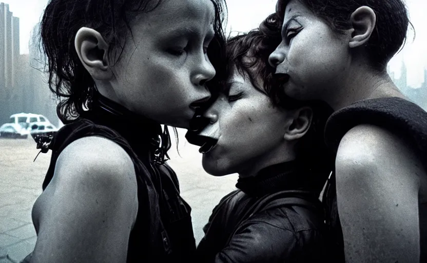 Prompt: cinestill 5 0 d photographic portrait by helen levitt of a kiss between two diverse loving female cyborgs wearing black techwear in a retrofuturist garden, extreme closeup, modern cyberpunk, dust storm, 8 k, hd, high resolution, 3 5 mm, f / 3 2, ultra realistic faces, intricate detail, ex machina