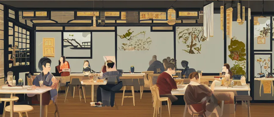 Image similar to a beautiful interior view illustration of a small roasted string hotpot restaurant in yan'an city, in the wall corner, chinese mountain architecture, restaurant wall paper is tower and mountain, rectangle white porcelain table, people are eating, black chair, animation illustrative style, from china, simple style structure decoration design, victo ngai, james jean, 4 k hd