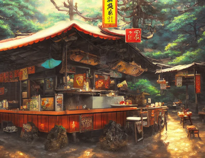 Prompt: enchanted ramen stall in the faraway mountains. this oil painting by the award - winning mangaka has a beautiful composition, great sense of depth, dramatic lighting and intricate details.