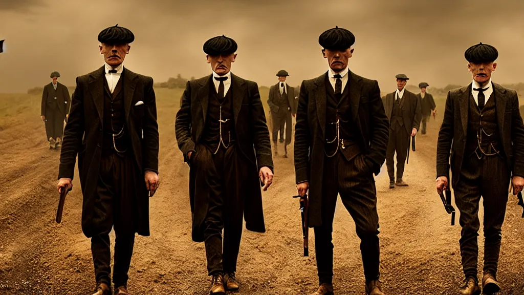 Image similar to the peaky blinders made of of peanuts, film still from the movie directed by denis villeneuve with art direction by zdzis