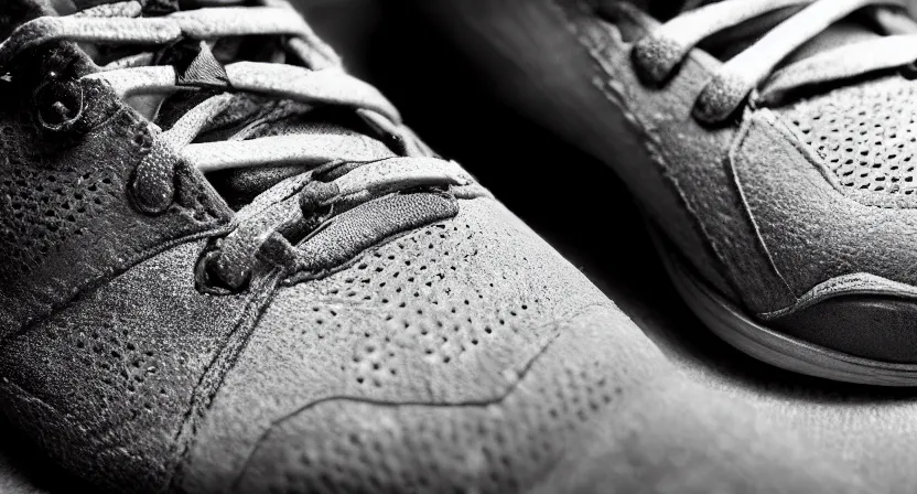 Prompt: close up on worn out running shoes running on a treadmill. cinematic lighting. dark. moody. octane render. subdued grey tones.