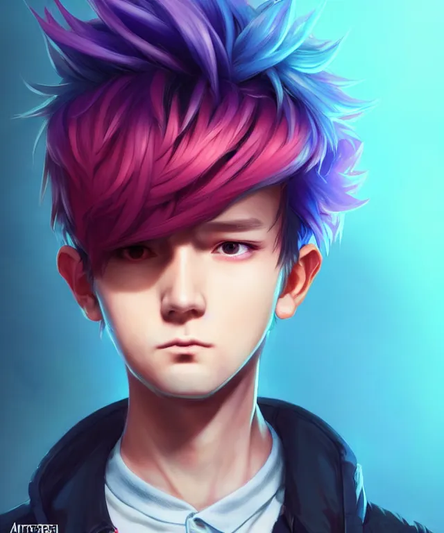 Image similar to character concept art of a cute young cyberpunk boy with colorful hair and collar | | cute - fine - face, pretty face, key visual, realistic shaded perfect face, fine details by stanley artgerm lau, wlop, rossdraws, james jean, andrei riabovitchev, marc simonetti, and sakimichan, trending on artstation