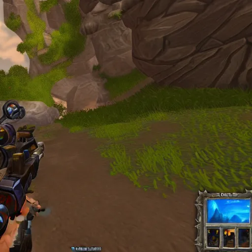 Image similar to world of warcraft re - imagined as a first person shooter. holding a rifle with a scope