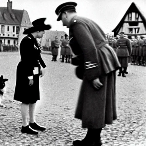 Image similar to ultra wide 1 9 4 6 blurry historical photo of a single german general bowing to a young queen elizabeth in a french village, her corgis are next to her highly detailed, sharp focus