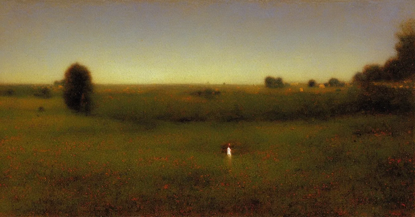 Prompt: Magic window to colorful different dimensions, with floating different energy strings and small particles, by George Inness