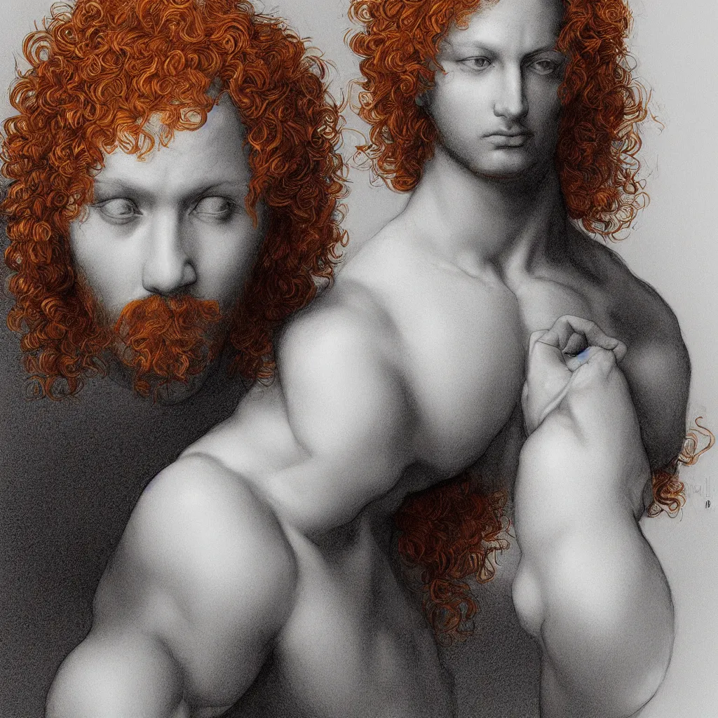 Image similar to illustration of a short curly orange hair man as a portrait, smooth, reflects, masterpiece artwork, ultra detailed, artgerm, style by leonardo da vinci, digital art, trending on artstation, behance, deviantart