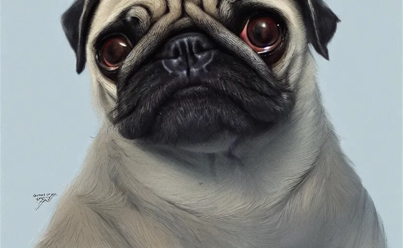 Prompt: pug dog, sitting, soft grey and blue natural light, intricate, digital painting, artstation, concept art, smooth, sharp focus, illustration, art by greg rutkowski and luis rollo and uang guangjian and gil elvgren, symmetry!