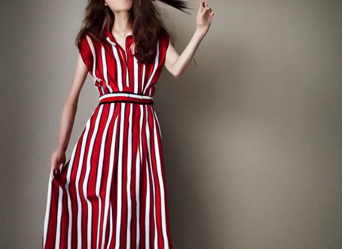 Prompt: “ silk dress, red stripes, black polka dots, model ”