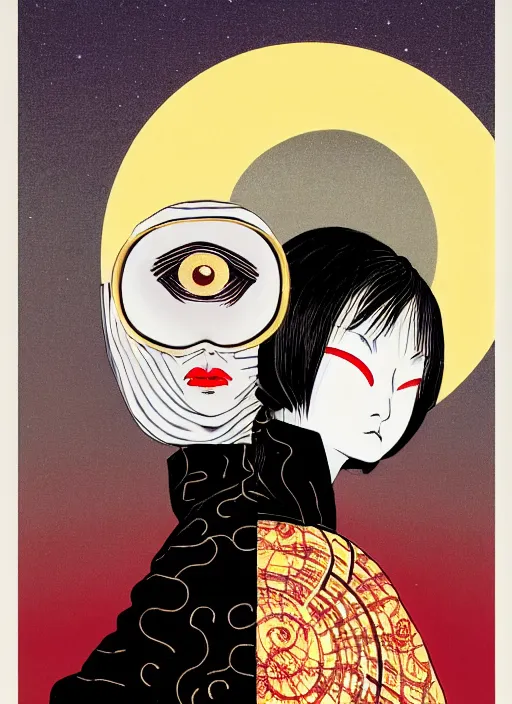 Image similar to portrait of a woman with a mask on his face in the form of a spiral in a golden kimono, full face, against the background of a bright red moon, sad motif, by hisashi eguchi, kentaro miura, and yoshitaka amano, soft colors, futuristic, 8 k