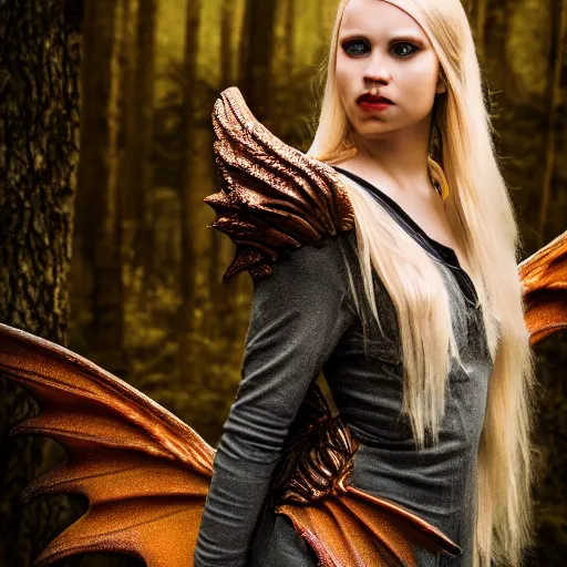 Image similar to very pretty blond dragon girl with huge dragon wings in a dark forest, perfect symmetrical face, shallow depth of field, moody lighting, single point of light, 8 k, ultra realistic, in the style of martina fackova,