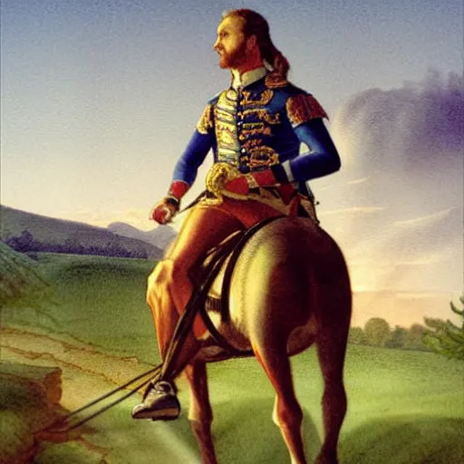 Image similar to watercolor painting of swedish king, riding a horse during sunset, by lars lerin, high detail