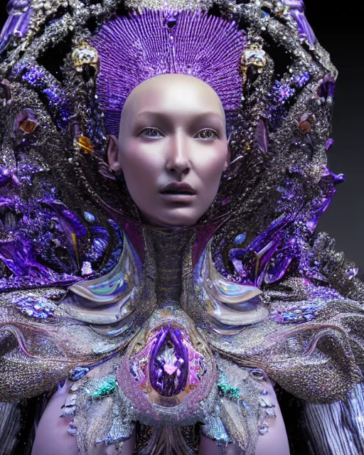 Prompt: a highly detailed metahuman 4 k close up render of an alien goddess bella hadid monument jibaro in iris van herpen dress schiaparelli in diamonds crystals swarovski and jewelry iridescent in style of alphonse mucha gustav klimt trending on artstation made in unreal engine 4