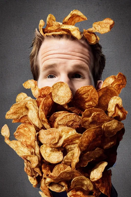 Prompt: 📷 matt smith the bag of smith's crisps, made of food, head portrait, dynamic lighting, 4 k