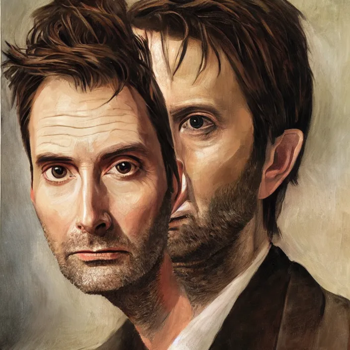 Image similar to a portrait of david tennant, calm, dramatic, dark background, by by lauren brevner, by lizzie riches, by chuck close