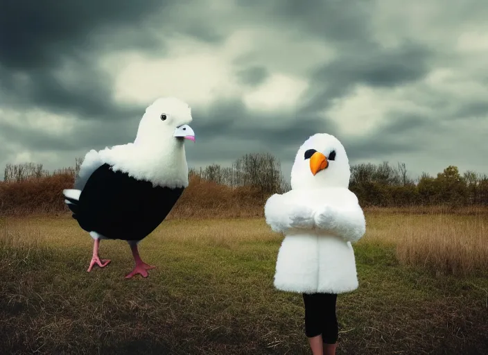 Prompt: realistic photo portrait of the student class, white cotton fluffy bird white carnival costumes shorts, fluffy pigeon head face portrait, wood in autumn, grey dusk sky with black clouds, flashlight 1 9 9 0, life magazine reportage photo, newspaper documentary