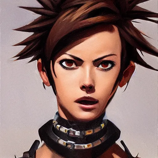 Prompt: oil painting of tracer overwatch in a field wearing spiked collar around neck, in style of greg rutkowski, expressive face, wearing choker, steel collar, steel choker, wearing collar on neck, detailed face, detailed eyes, full body, feminine face, tracer overwatch,