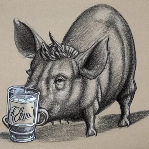 Prompt: a drawing of an anthropomorphic boar drinking beer