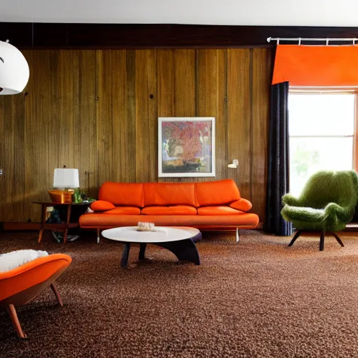 Image similar to 1 9 7 0 s interior, living room, retro, vintage, architecture, wood panel walls, green shaggy carpet, orange and brown touches, realistic, natural lighting