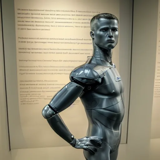 Image similar to a realistic detailed photo of a guy who is an attractive humanoid who is half robot and half humanoid, who is a male android, football player christian mccaffrey, shiny skin, posing like a statue, blank stare, at the museum, on display