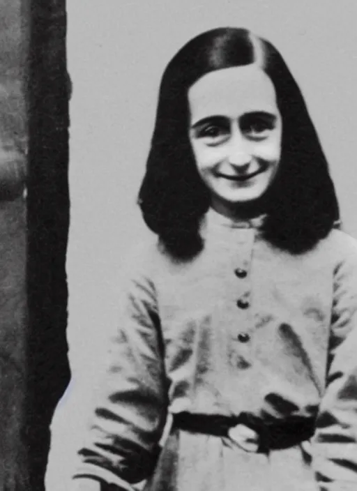 Prompt: a restored photo of Anne Frank posing for the camera in a black SS officer uniform, colourised, high detail, happy picture