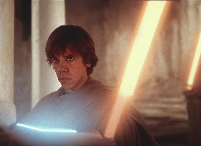 Prompt: single portrait of Luke skywalker uncovering the glowing book of ancient jedi texts. a hazy ethereal ancient temple, screenshot from the 1983 film, Photographed with Leica Summilux-M 24 mm lens, ISO 100, f/8, Portra 400, kodak film, anamorphic lenses