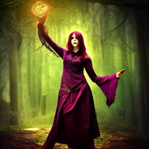 Image similar to female warlock casting magic spell ,fantasy, D&D, HDR, natural light, dynamic pose, award winning photograph, 8k, Mucha style,