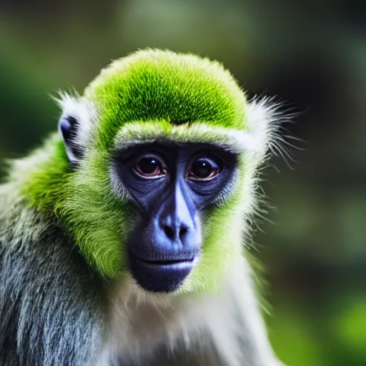 Image similar to a photo of a green monkey wearing headphones