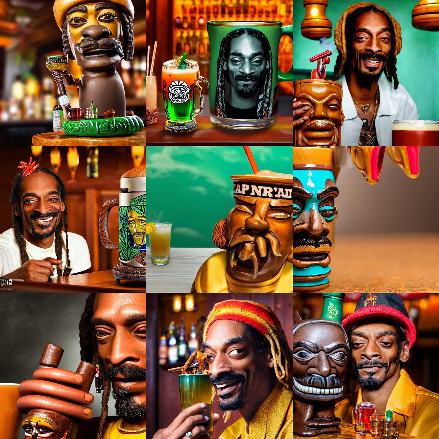 Image similar to a closeup photorealistic photograph of happy blunt smoking snoop dogg at trader vic's bar sitting next to a trader vic's style tiki mug featuring the face of snoop dogg. tiki culture. bright scene. 4 k hd image that's trending on artstation, featured on behance, well rendered, extra crisp, features epic composition and the style of unreal engine.