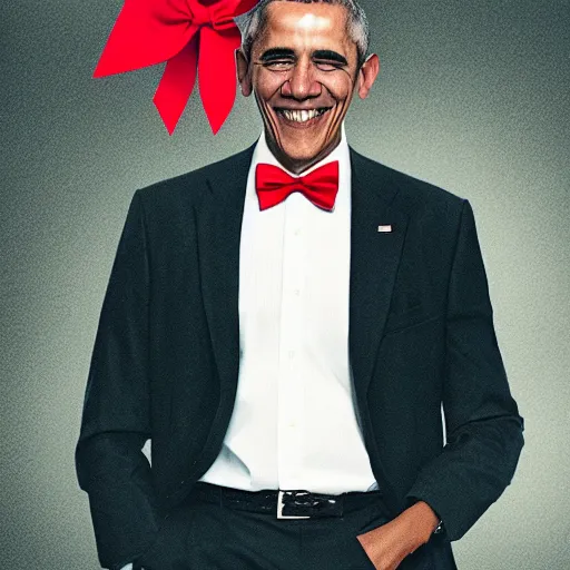 Image similar to realistic photo of casual barack obama with red hair wearing a black sweater and a green bow tie, still from riverdale