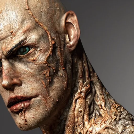 Prompt: photo taken of an epic intricate, ultra detailed, super realistic gritty, wet, lifelike sculpture of saitama from one ounch man with patches of skin created by weta workshop, zoomed in shots, subsurface scattering, photorealistic, sharp focus, white wall coloured workshop, cold colour temperature, f 0. 4, face centred, golden ratio