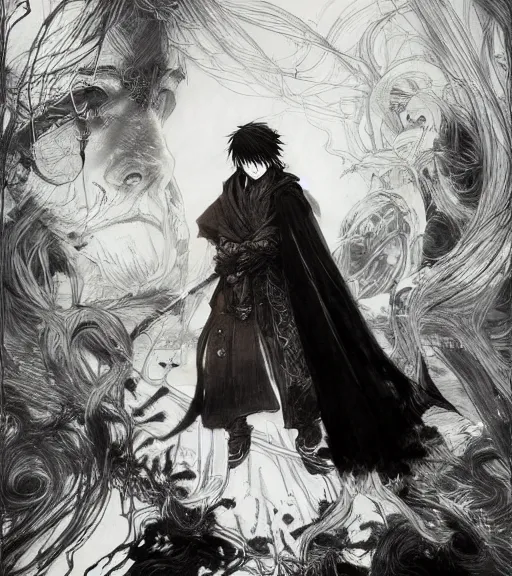 Prompt: portrait of anime boy with long hair wearing a dark robe, pen and ink, intricate line drawings, by craig mullins, ruan jia, kentaro miura, greg rutkowski, loundraw