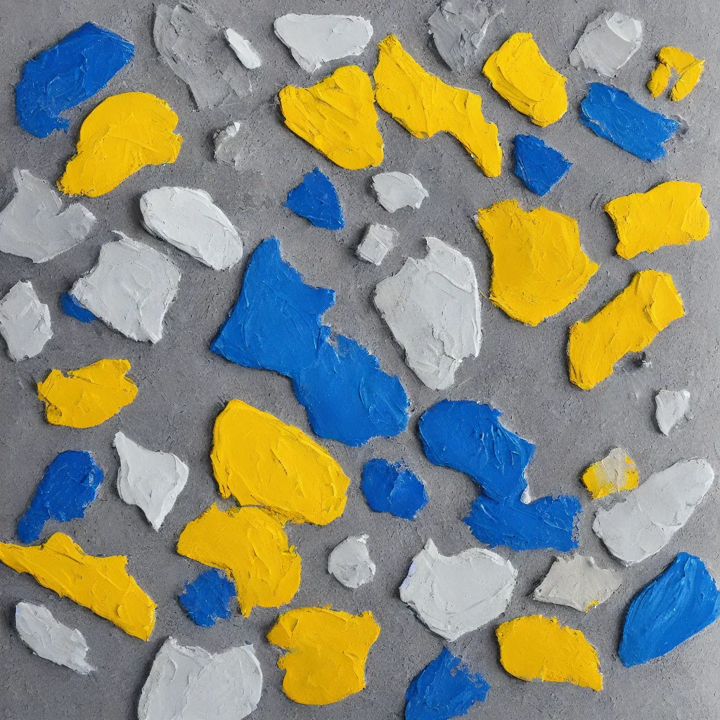 Prompt: 3 dimensional solid large fragments of solid oil paint, highly realistic deep impasto, colours cream naples yellow and blue - grey