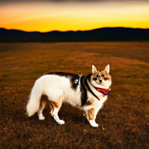 Image similar to siberian cat in a cowboy hat riding a corgi, wild west, sunset