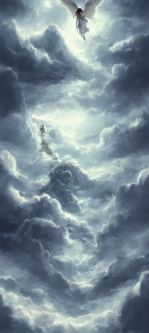 Image similar to stairway to heaven angels ascending artstation ethereal atmospheric epic clouds rays concept art