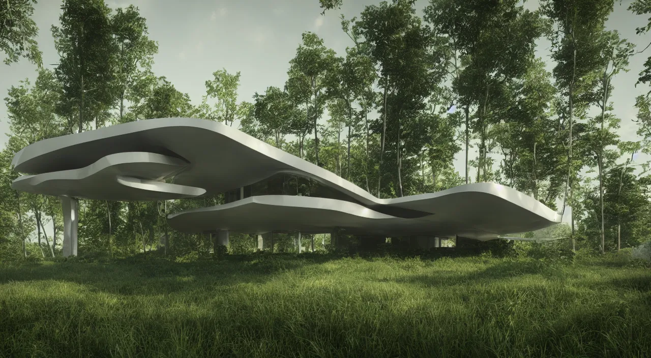 Image similar to a futuristic house sitting in the middle of the forest, unreal engine, zaha hadid, tom wright, ludwig mies van der rohe architectural designs, volumetric lighting, octane render, 8 k