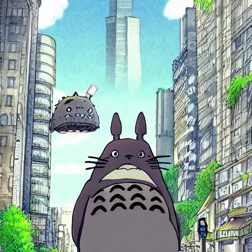 Image similar to totoro doing bussiness, tuxedo, in the big city, skyscrappers, fantasy digital art, wow, stunning, ghibli style, hight quality