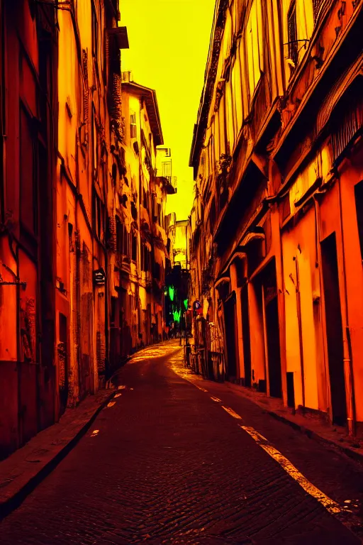 Image similar to neon streets of rome, 4 k, award winning photo, cyberpunk style