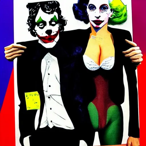 Image similar to richard hamilton and mimmo rottela and banksy as joaquin phoenix skinny joker holding hand lady gaga harley queen, ultra photorealistic, intricate details, pop art style, concept art, ultrarealistic, 3 colors, 4 d, smooth, sharp focus